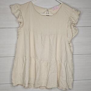 Pink Lily Tiered Ruffle Sleeve Top Casual Blouse Flowy Beige Size Medium